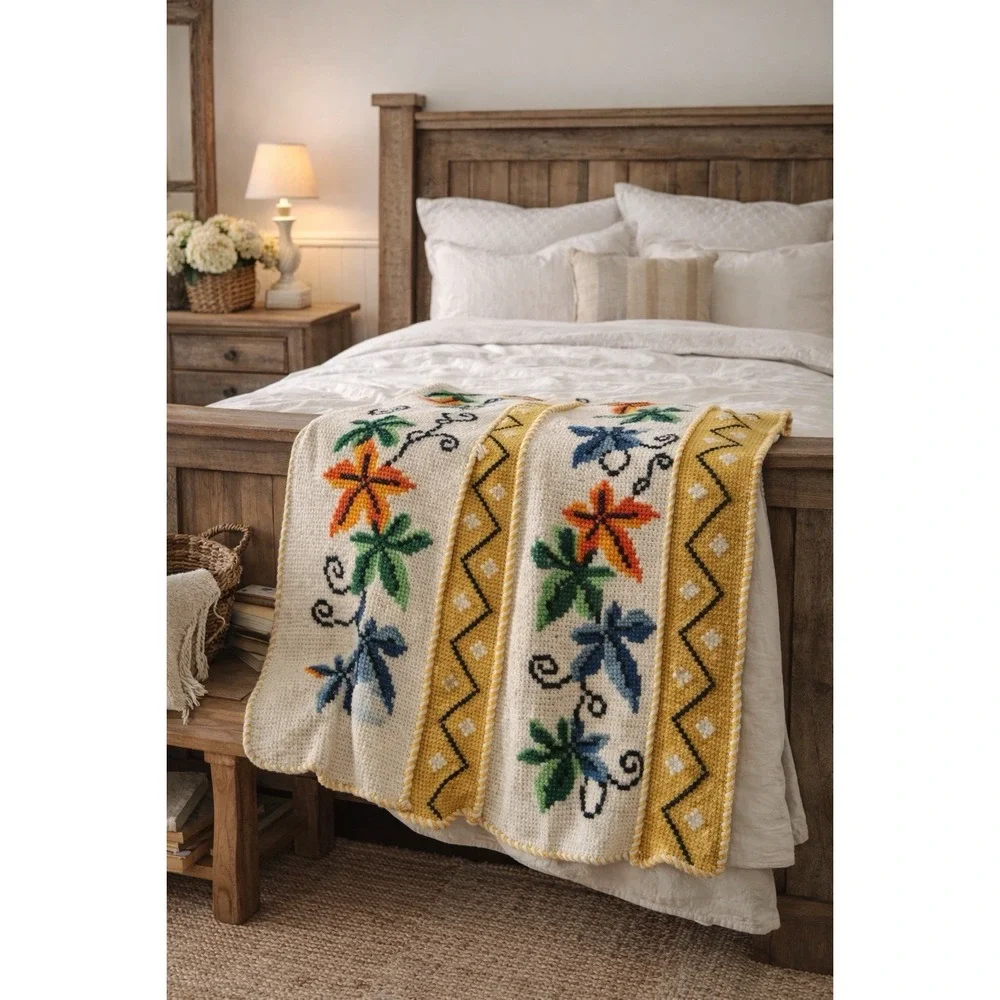 Vintage Hand Needlepoint Floral Afghan Cottagecore Farmhouse Wall Art 42x62